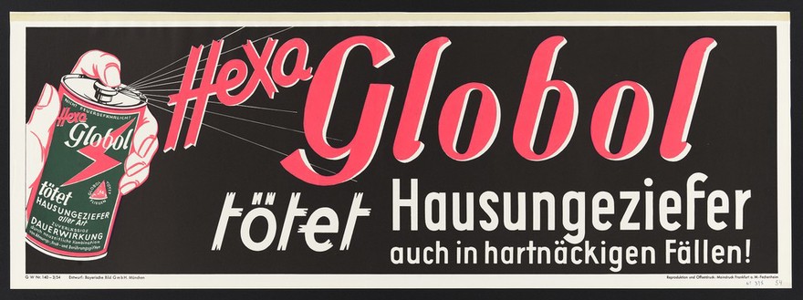 A spray can of Hexo Globol insecticide in use against pests. Colour lithograph, 1954.