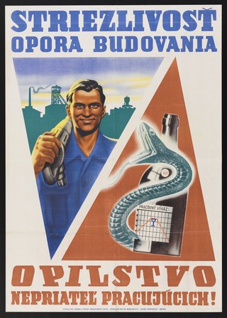 The bad effect of alcohol drinking on industrial productivity: a healthy young man carrying a drill walking from a smoking factory, contrasted with a bottle of spirits wrapped by a hissing snake. Colour lithograph, 1952.