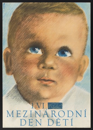 Head of a child with a thoughtful expression, advertising International Children's Day, 1 June 1953. Colour lithograph by J. Flejšar, 1953.
