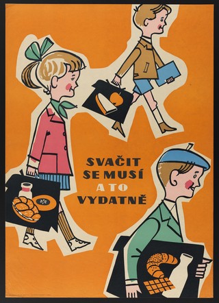 Three children on their way to school with their packed lunches in school bags. Colour lithograph, 195-.