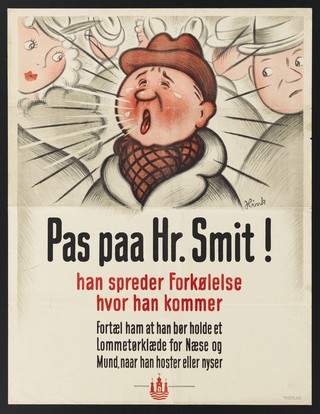 A man (Mr Smit) coughing and sneezing into people in a crowd. Colour lithograph after Hink, 194-.