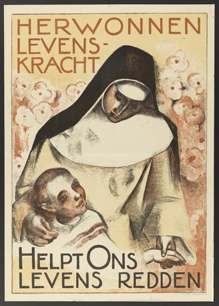 A nun supporting a sick child; representing the work of the Herwonnen Levenskracht movement in helping tuberculous children. Colour lithograph by M. Wiegman, ca. 1930.