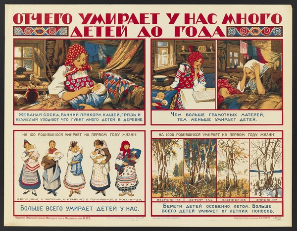Advice to mothers on causes of child mortality. Colour lithograph by O. Gri︠u︡n, 1925.