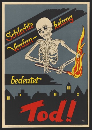 A skeleton holding a burning torch in front of broken blackout planks; advertising the danger of death in German cities from inadequate blackout in World War II. Lithograph after R.H.M. Hahn, 194-.