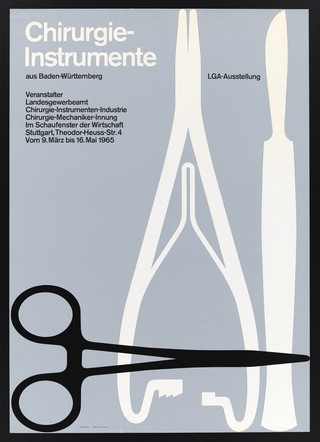 Surgical instruments (forceps, scissors and scalpel); advertising a trade exhibition in Baden-Württemberg. Lithograph after F. Mezger, 1965.