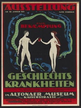 Adam and Eve and the serpent; advertising an exhibition on sexually transmitted diseases at Altonaer Museum Hamburg. Colour lithograph after P.O. Rössler, 1926.