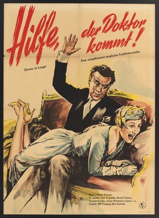 Dr Simon Sparrow (played by Dirk Bogarde) spanking a nurse in the film 'Doctor at large'. Colour lithograph, 1959.
