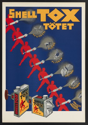 Shelltox (Shell Tox) insecticide: red men spraying it at insects, and below examples of branded cans and sprays. Colour lithograph, 19--.