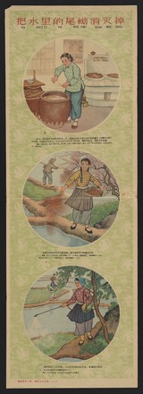 Schistosomiasis: how it is transmitted and prevented. Colour lithographs, 1963.
