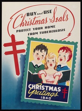A tuberculosis stamp showing children singing Christmas carols; advertising the sale of tuberculosis stamps. Colour lithograph (?), 1940.