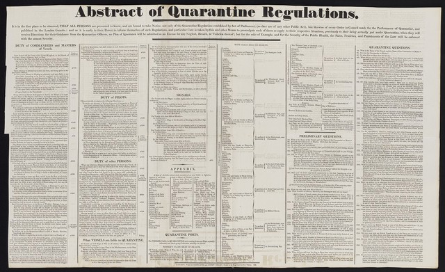 Abstract of quarantine regulations : it is in the first place to be observed, that all persons are presumed to know, and are bound to take notice, not only of quarantine regulations established by Act of Parliament, (as they are of any other Public Act), but likewise every Order in Council made for the performance of quarantine.