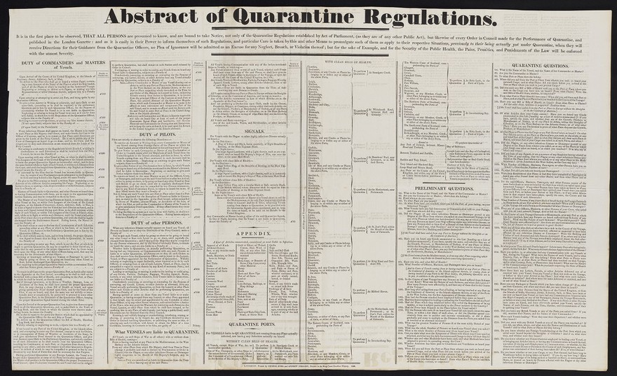 Abstract of quarantine regulations : it is in the first place to be observed, that all persons are presumed to know, and are bound to take notice, not only of quarantine regulations established by Act of Parliament, (as they are of any other Public Act), but likewise every Order in Council made for the performance of quarantine.