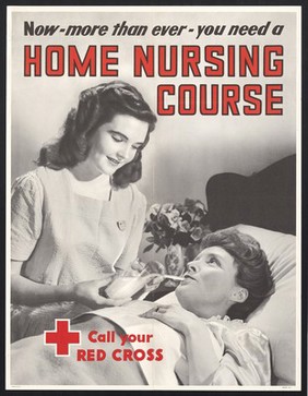 A visiting Red Cross nurse giving a drink to a grateful woman in bed. Colour lithograph, 194-.