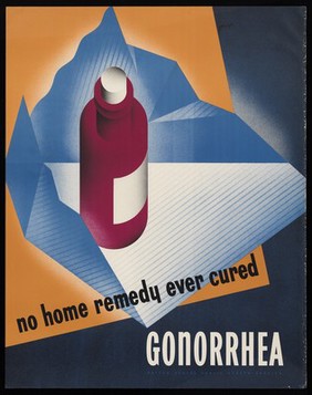 A red medicine bottle in blue wrapping, attractive but unable to cure gonorrhoea. Colour lithograph after D. Fellnagel, 1943 (?).