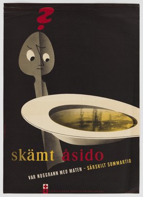 A comic human figure looking dubiously at a bowl of soup; advertising food hygiene. Colour lithograph after L. Bramberg for the Swedish Red Cross, 1954.