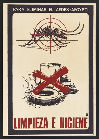 Yellow fever in Cuba: (above) the Aedes-aegypti mosquito, the carrier of yellow fever, seen as a target through a telescopic gun-sight; (below) a discarded tyre, oil drum etc. as places where the mosquito breeds. Colour screen print (?) after S. Goire Castilla, 198- (?).