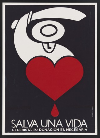 A man with a scimitar, and a bleeding heart; representing the blood donation service run in Cuba by the Comité de Defensa de la Revolución. Colour silk screen print by S. Goire Castilla, 1987.