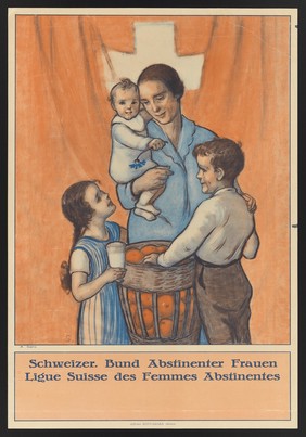 A woman and her three children abstaining from alcohol; representing the Swiss league of women abstainers. Colour lithograph after M. Goetz, 1905 (?).