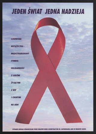 A big red ribbon against peaceful sunset-lit clouds; representing solidarity in Poland with HIV positive people. Colour lithograph, 200- (?).