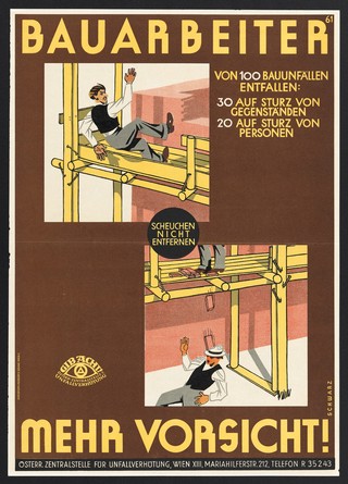 Building accidents. Colour lithograph by A. Th. Schwarz, ca. 1934.