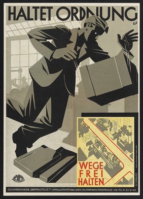 A man tripping up: avoidance of accidents in factories by keeping gangways clear. Colour lithograph by A. Th. Schwarz, ca. 1934.