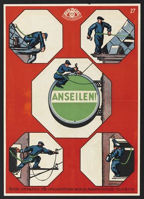 High-level building maintenance workers using a harness for safety. Colour lithograph after Sompek, 1929.