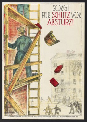 Builders on a wooden scaffold let a bucket and some bricks fall down into the street. Colour lithograph after G. Kurt, 192-.