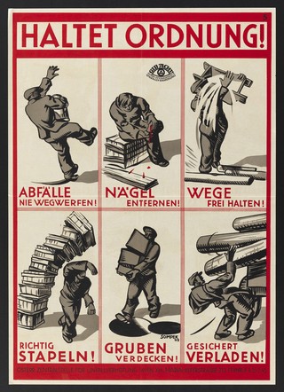 Dangerous situations in factories: six scenes. Colour lithograph after Sompek, 1929.