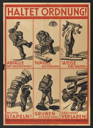 Dangerous situations in factories: six scenes. Colour lithograph after Sompek, 1929.