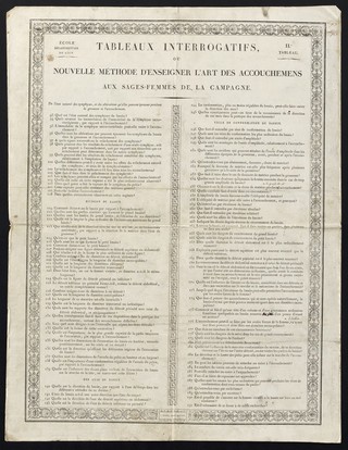 Tableaux interrogatifs, ou Nouvelle méthode d'enseigner l'art des accouchemens [sic] aux sages-femmes de la campagne. 2e. tableau, De l'état naturel des symphyses, et des altérations qu'elles peuvent éprouver pendant la grossesse et l'accouchement / École départementale de l'Ain.