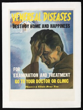 An American man in despair at the thought of infecting his wife and child with a sexually transmitted disease. Colour lithograph, ca. 1944.