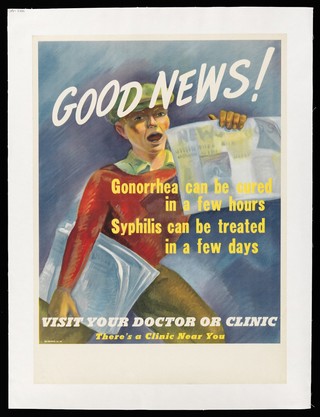 A newspaper vendor crying out good news about the curability of syphilis and gonorrhoea. Colour lithograph, ca. 1944.