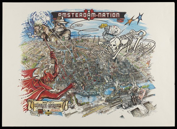 Amsterdam: bird's eye view of the city as a place of drug users, overseen by crime, death and the devil. Colour lithograph after P. Pontiac, 1992.