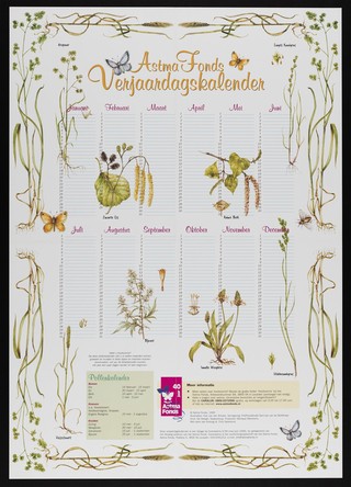 Hay fever: a calendar showing effects of various grasses etc. on hay fever sufferers in different months. Colour lithograph for the Nederlands Astma Fonds, 1999.