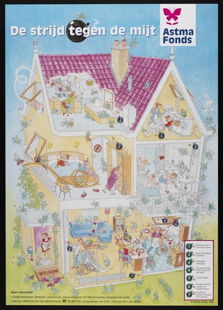 Asthma: the struggle against the house mite. Colour lithograph after W. Dolk for the Nederlands Astma Fonds, 1996.