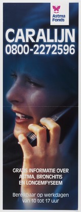 A woman speaking on the telephone: advertising a helpline for people with respiratory diseases. Colour lithograph for the Nederlands Astma Fonds, ca. 2001.