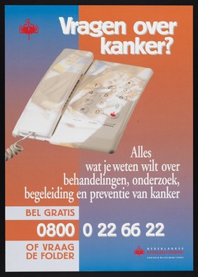 A touch-tone telephone on which the hash button is replaced by the logo of a cancer relief charity in the Netherlands, representing a helpline for questions about cancer. Colour lithograph for the Nederlandse Kankerbestrijding Koningin Wilhelmina Fonds, 2001.