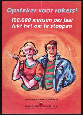 A man looks regretfully at a woman smoking a cigarette. Colour lithograph for the Nederlandse Hartstichting, ca. 2001.