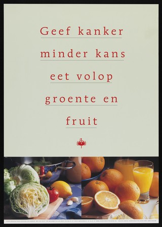 Vegetables and citrus fruits represented as reducing the risk of cancer. Colour lithograph for the Nederlandse Kankerbestrijding/KWF, 2001.