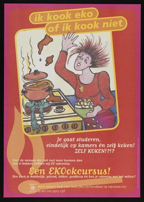 A woman cooking chaotically through a lack of knowledge; advertising a course on ecologically sound cooking. Colour lithograph by E. Vos for Jongeren Milieu Actief, 2001.