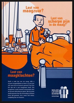 A man in bed with a stomach ulcer. Colour lithograph for Maag Lever Darm Stichting, 2001.