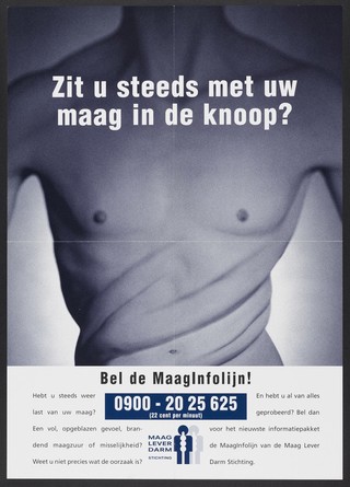 A man with a twisted abdomen; representing undiagnosed stomach pain. Colour lithograph for Maag Lever Darm Stichting, 2001.