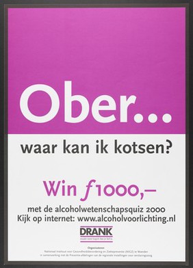 The question "Waiter, where can I have a puke?" advertising a quiz on alcohol abuse. Colour lithograph by Nationaal Instituut voor Gezondheidsbevordering en Ziektepreventie, 2000.