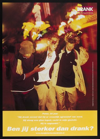 A young man with blood streaming down his face as a result of an attack by a drunken man. Colour lithograph for Nationaal Instituut voor Gezondheidsbevordering en Ziektepreventie, ca. 2000.