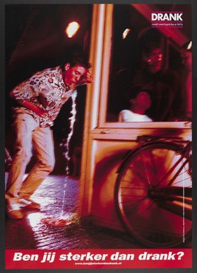 A drunk young man vomiting outside a social gathering. Colour lithograph for Nationaal Instituut voor Gezondheidsbevordering en Ziektepreventie, ca. 2000.