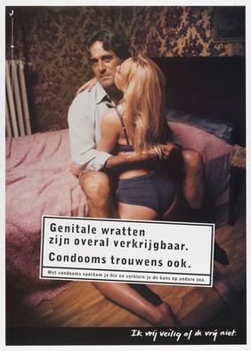 A man and woman embracing in a hotel room, in need of condoms to avoid infection with genital warts. Colour lithograph for Stichting SOA-bestrijding, ca. 1999.