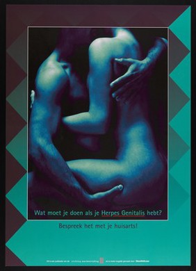 A naked man and woman making love; advertising treatment for genital herpes. Colour lithograph for Stichting SOA-bestrijding, ca. 1999.