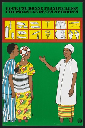 Family planning in Burkina Faso. Colour lithograph after L. Koy.