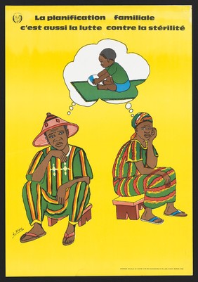 Family planning in Burkina Faso. Colour lithograph after L. Koy, ca. 2000.