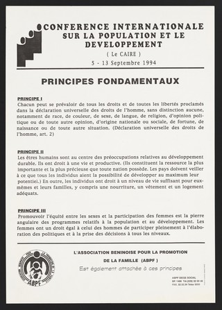 International conference on population development in Benin. Lithograph by L'Association Béninoise pour la Promotion de la Famille, 1994.